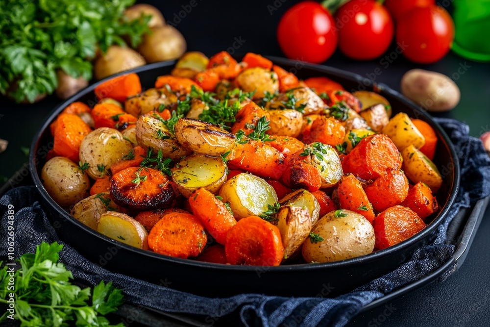 A tray of freshly roasted root vegetables, with vibrant carrots, parsnips, and potatoes glistening with olive oil and herbs A tray of freshly roasted root vegetables, with vibrant carrots, parsnips, and potatoes glistening with olive oil and herbs