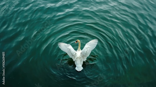 Fototapeta Naklejka Na Ścianę i Meble -  Elegant Swan Spreading Wings on Calm Water Surface