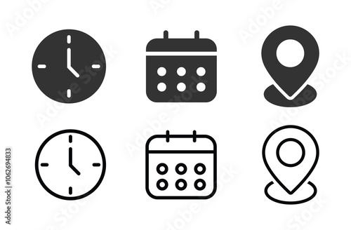 Time, date and address or location icons. Time, date and address vector signs