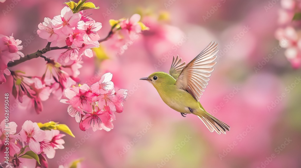 Yellow green bird flying in the air picking on cherry flowers Yellow green bird flying in the air picking on cherry flowers