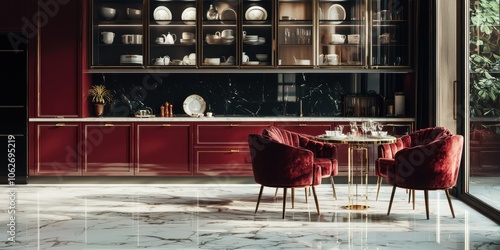 A luxurious kitchen with red cabinets, marble floors, and a glass-front cabinet filled with dishes. Two red velvet chairs sit around a gold-trimmed table. photo