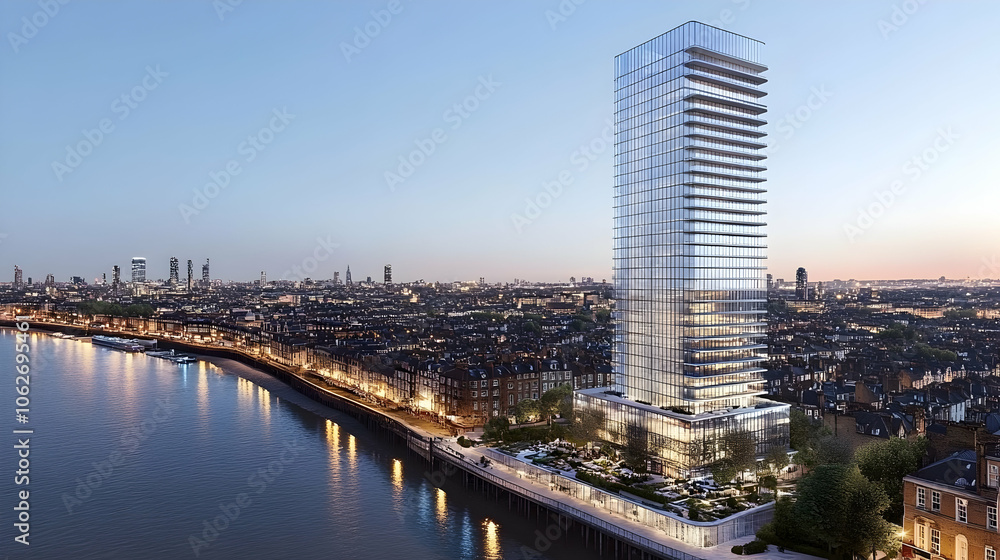 Naklejka premium Modern skyscraper on waterfront with cityscape in background at dusk.