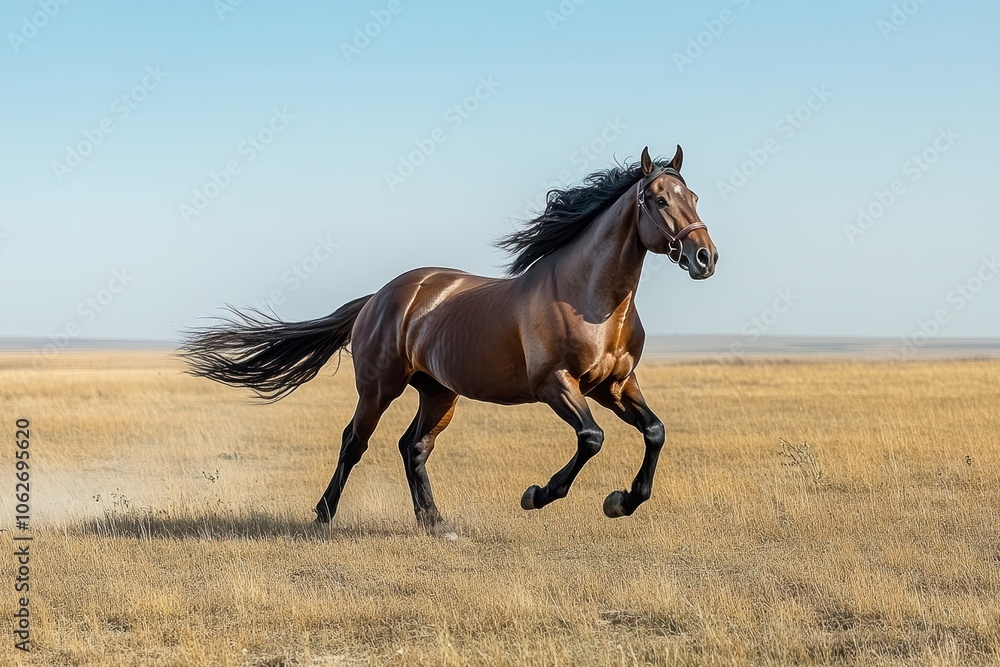A strong muscular horse galloping through an open field, A strong muscular horse galloping through an open field,