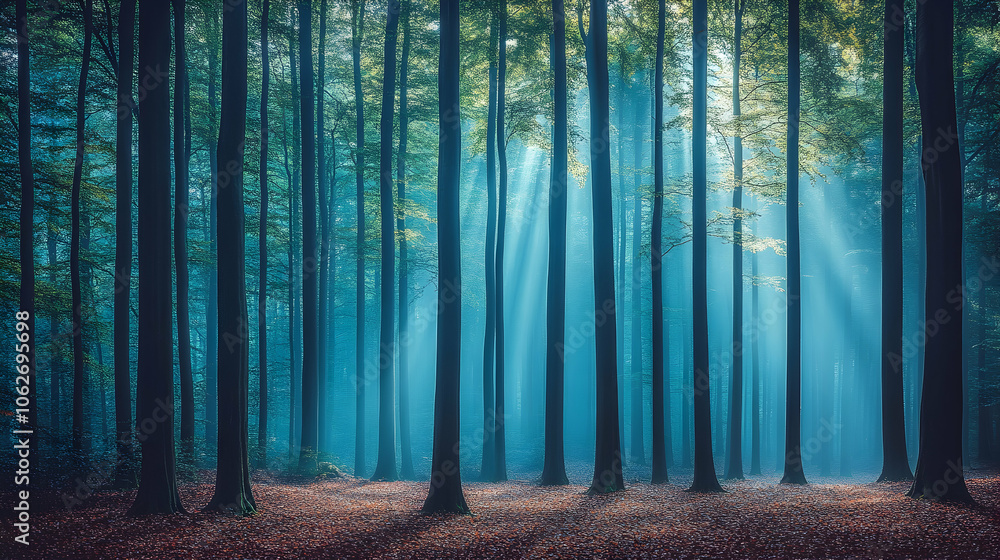 Naklejka premium Sun rays breaking through the misty forest.