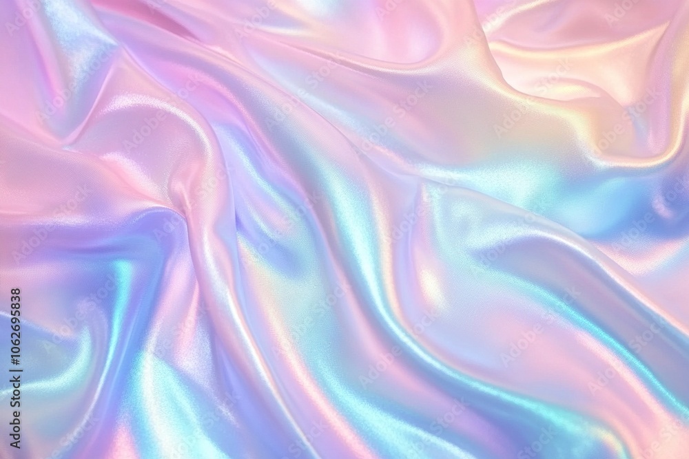 A holographic fluid, reminiscent of a silk ribbon, is swirling and flowing against a light blue background A holographic fluid, reminiscent of a silk ribbon, is swirling and flowing against a light blue background