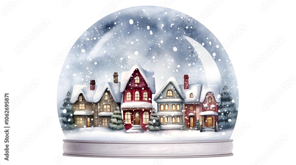 Enchanting snowy holiday village scene captured in a delicate watercolor style snow globe with cozy cottages and a serene winter landscape Enchanting snowy holiday village scene captured in a delicate watercolor style snow globe with cozy cottages and a serene winter landscape