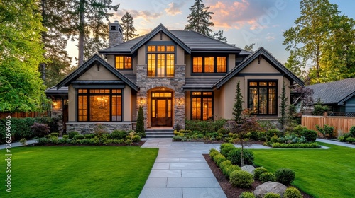 An elegant craftsman cottage style house in warm beige, with a triple pitched roof, meticulously designed front yard, and inviting pathway, reflecting a modern and cozy home atmosphere.