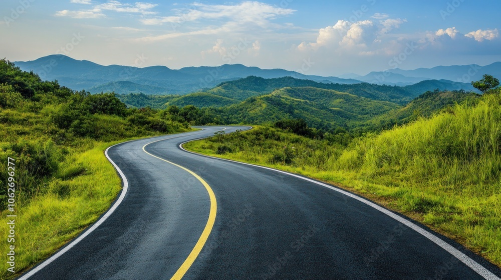 A winding asphalt road curves through a lush green mountain landscape under a bright blue sky with fluffy white clouds. A winding asphalt road curves through a lush green mountain landscape under a bright blue sky with fluffy white clouds.