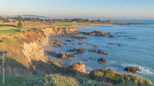 Scenic Coastal View at Sunset with Rocky Shoreline