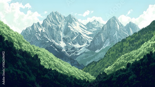 Mountain Range with Green Forested Slopes and Snow-Covered Peaks