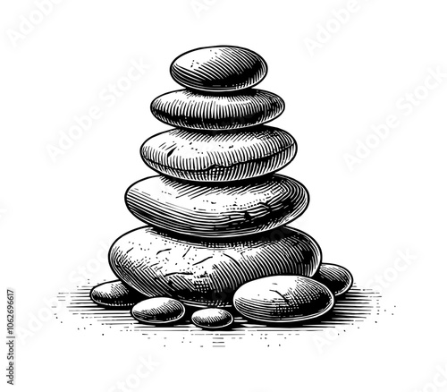 stack of smooth stones engraving black and white outline