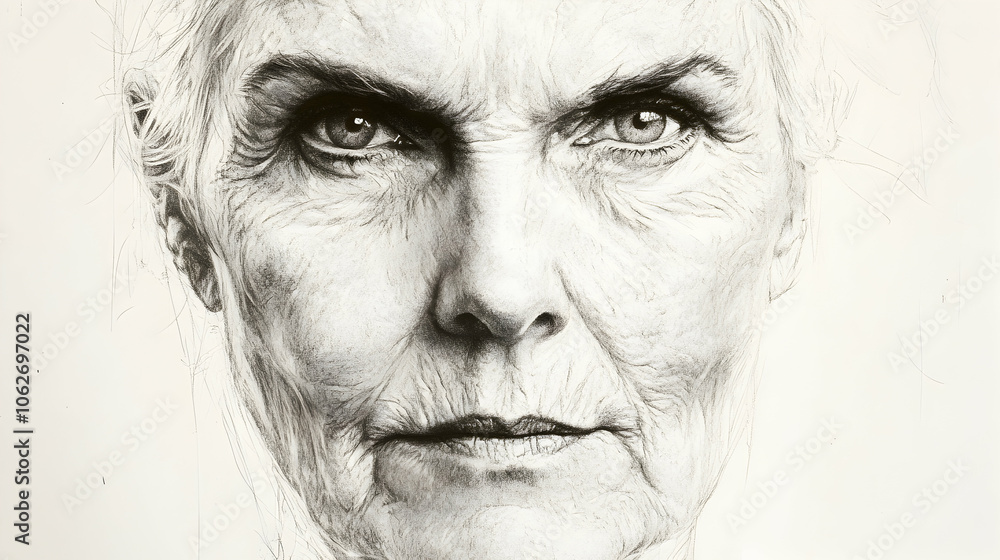 Obraz premium A close-up black and white portrait of an older woman with wrinkles and gray hair. Her piercing gaze and furrowed brow convey a sense of strength and wisdom.
