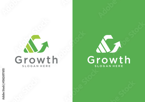 business growth logo with initial G and bar graph with upward arrow into one in the logo