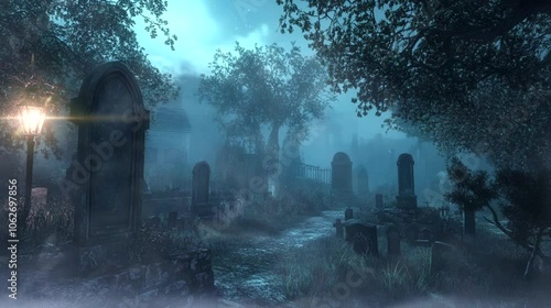 A fog-covered graveyard on Halloween night. seamless looping time-lapse virtual 4k video animation background