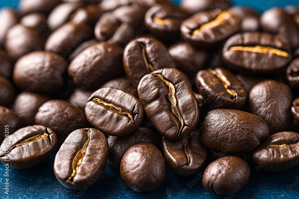 Hyper-realistic close-up of roasted coffee beans, capturing every detail of the glossy, textured surface and rich, dark color Hyper-realistic close-up of roasted coffee beans, capturing every detail of the glossy, textured surface and rich, dark color