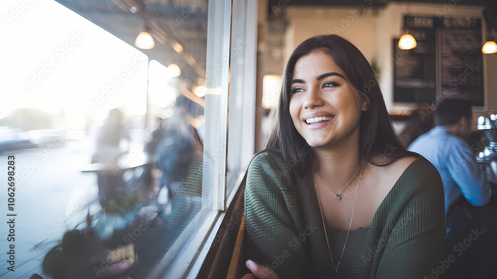 Happy smiling woman seated near large window of cafe or restaurant with warm light on her face and reflection in glass. Happy smiling woman seated near large window of cafe or restaurant with warm light on her face and reflection in glass.