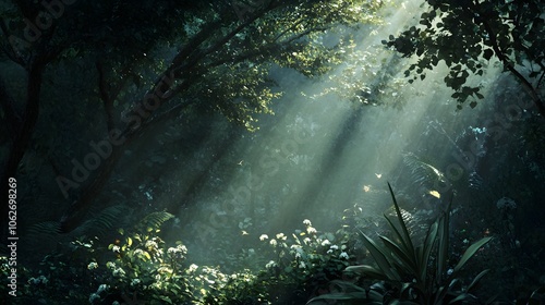 Sunbeams Filtering Through Dense Foliage in a Verdant Forest photo