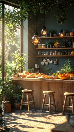 Cozy breakfast nook, vibrant dishes on display, warm sunlight filling the space, inviting atmosphere for family gatherings photo