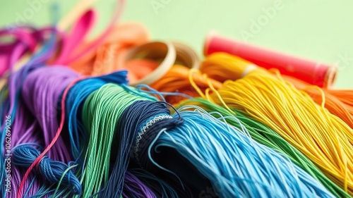 Colorful assortment of variocolored threads arranged neatly on a pristine white background, crafts, needlework, shades photo