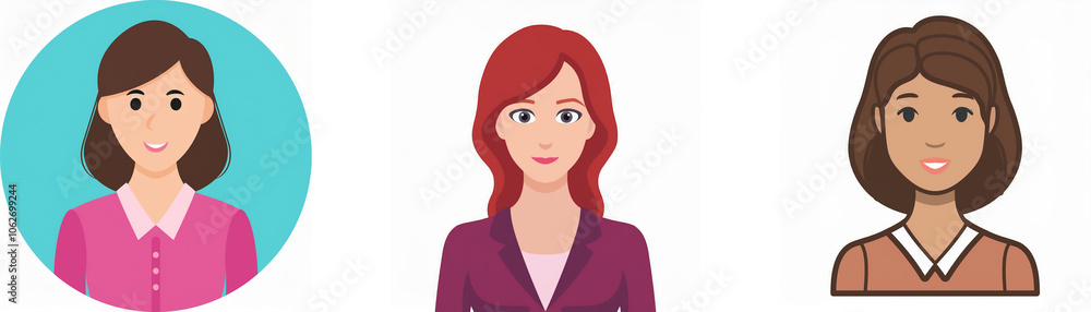 Three female cartoon avatars with different hair colors and attire. Three female cartoon avatars with different hair colors and attire.