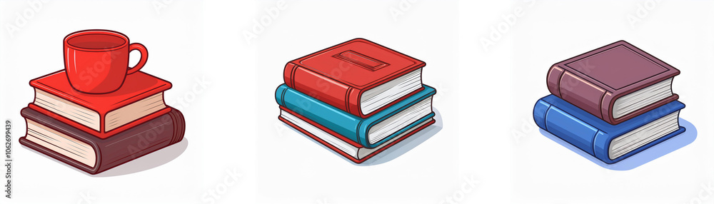 Three stacks of books with different colors and a red cup on top of the first stack. Three stacks of books with different colors and a red cup on top of the first stack.