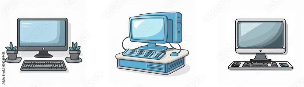 Three computer desktops with varying styles and sizes. Three computer desktops with varying styles and sizes.