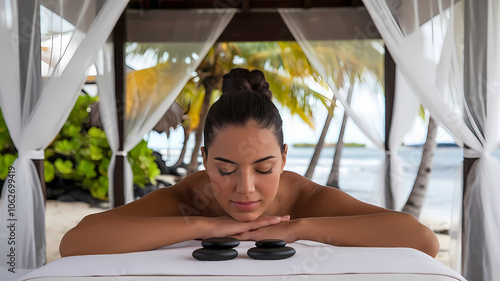Relaxation at Seaside Spa, Hispanic Woman Receiving Soothing Massage with Stunning Coastal Background, Spa Wellness
