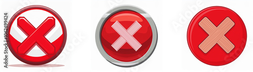 Three red round buttons, each with a white or light brown cross in the center, represent a negative or cancel icon. photo