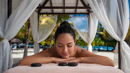 Hispanic Woman Enjoying Relaxing Massage at Seaside Spa, Serene Ocean View, Blissful Spa Experience