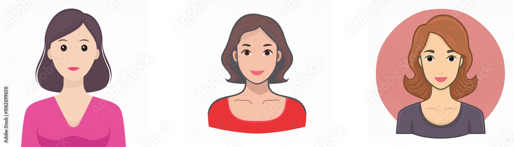 Three cartoon women with brown hair, facing forward, with different hairstyles, wearing different color shirts and against different backgrounds. Three cartoon women with brown hair, facing forward, with different hairstyles, wearing different color shirts and against different backgrounds.