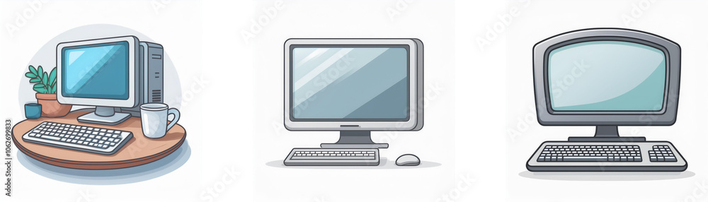 A cartoon illustration of three computer desktops, each with a monitor, keyboard, and mouse. A cartoon illustration of three computer desktops, each with a monitor, keyboard, and mouse.