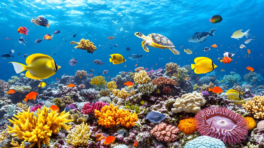 Fototapeta premium A vibrant coral reef teeming with life, featuring colorful fish, a sea turtle, and diverse coral formations.