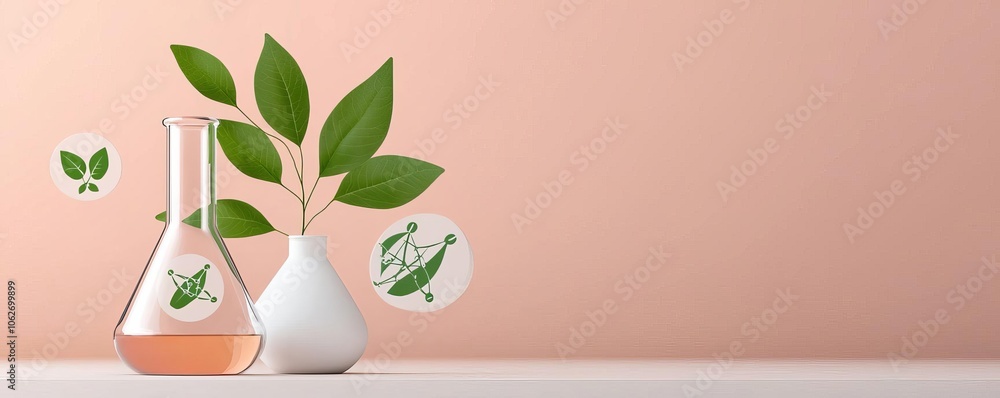 Laboratory glassware with green leaves against a soft pink background, symbolizing eco-friendly research and sustainable practices. Laboratory glassware with green leaves against a soft pink background, symbolizing eco-friendly research and sustainable practices.