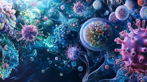 Microscopic View of Various Viruses and Cells Interacting