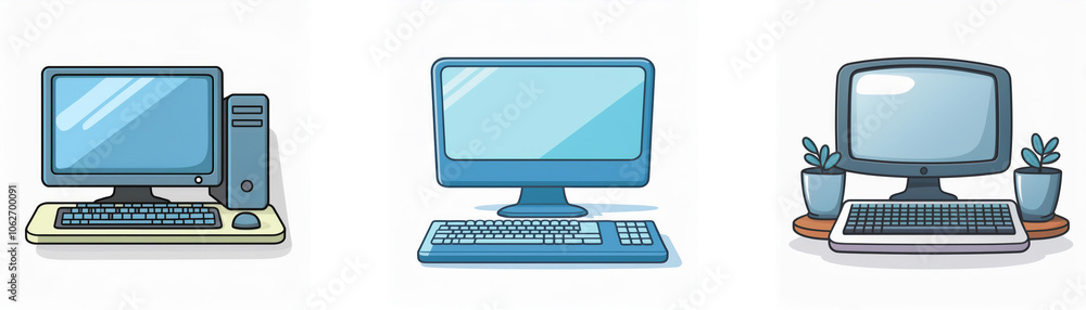 Three cartoon depictions of desktop computers with different designs. Three cartoon depictions of desktop computers with different designs.