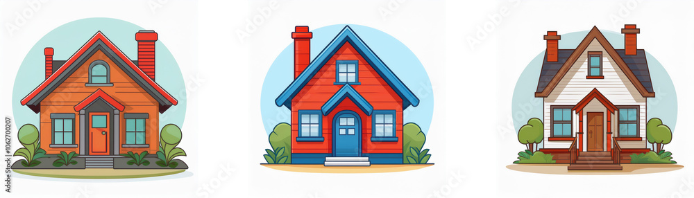 Three cartoon houses, each with a different color scheme and architectural style, are shown in the image. The houses are set against a simple background of blue sky and green grass. Three cartoon houses, each with a different color scheme and architectural style, are shown in the image. The houses are set against a simple background of blue sky and green grass.