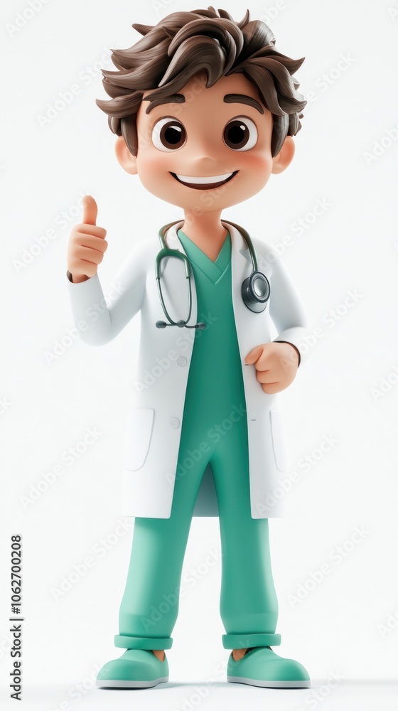 Cartoon Doctor Giving Thumbs Up in White Coat and Green Scrubs Cartoon Doctor Giving Thumbs Up in White Coat and Green Scrubs