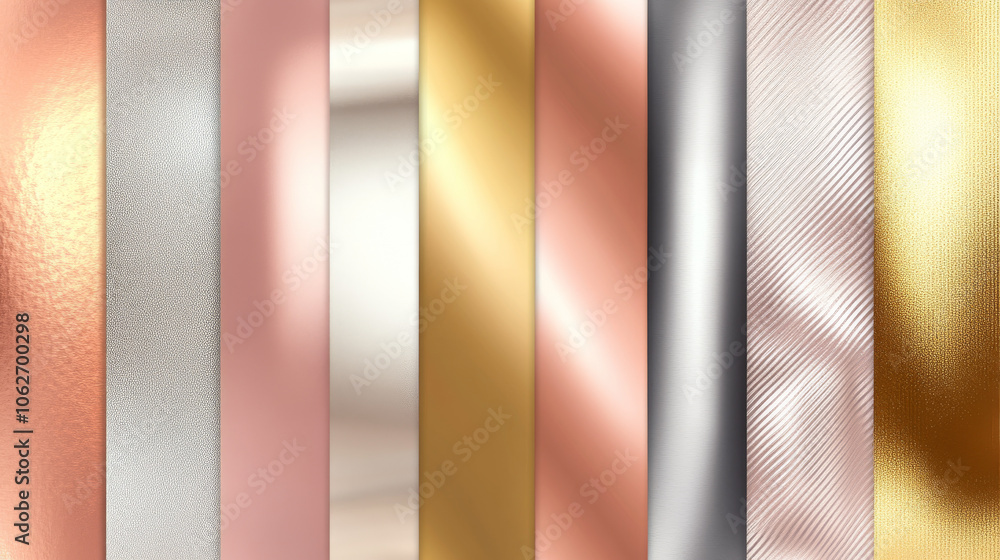 A set of shiny, metallic backgrounds in gold, rose gold, silver, bronze, and copper. These gradients are perfect for creating borders, frames, ribbons, and labels. A set of shiny, metallic backgrounds in gold, rose gold, silver, bronze, and copper. These gradients are perfect for creating borders, frames, ribbons, and labels.
