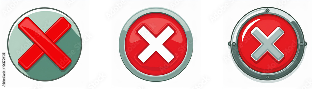 Three circular buttons, each with a red background and a white or red Three circular buttons, each with a red background and a white or red