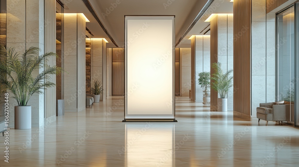 Pull up banner mockup stands in the elegant building hallway. Blank roll up poster for advertising or marketing message in modern interior Pull up banner mockup stands in the elegant building hallway. Blank roll up poster for advertising or marketing message in modern interior
