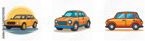 Three cartoon cars are shown, all in shades of orange. The first car is facing the viewer. The second car is at a slightly tilted angle. The third car is facing the side.