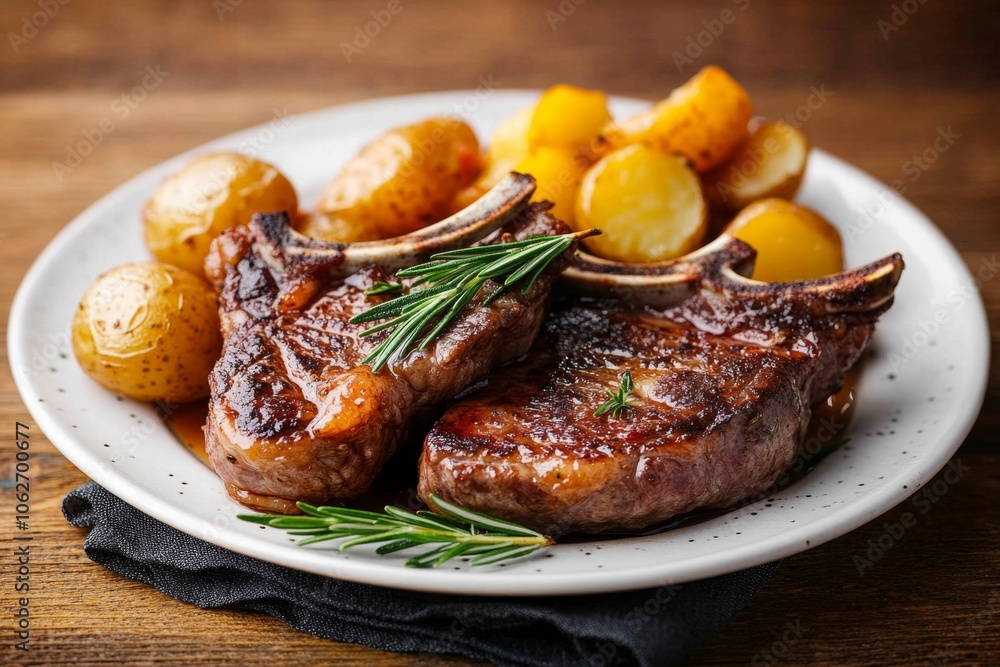Roasted lamb chops on a plate, with rosemary sprigs and a side of roasted potatoes, perfect for a cozy meal Roasted lamb chops on a plate, with rosemary sprigs and a side of roasted potatoes, perfect for a cozy meal
