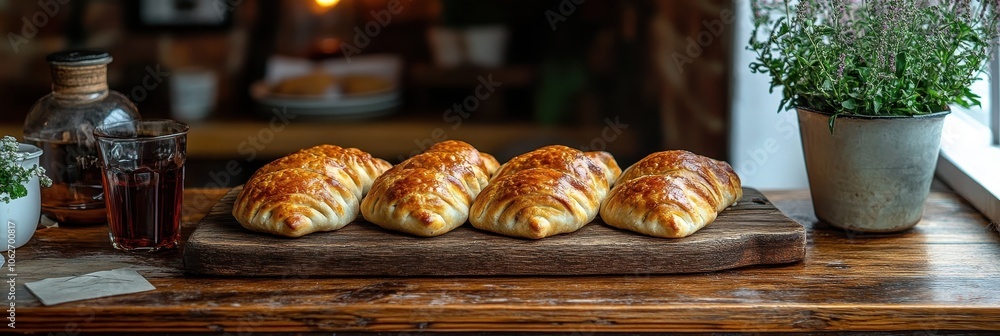 Argentinian empanadas arranged on a wooden board, simple presentation, warm inviting atmosphere, showcasing culinary tradition and flavor. Argentinian empanadas arranged on a wooden board, simple presentation, warm inviting atmosphere, showcasing culinary tradition and flavor.