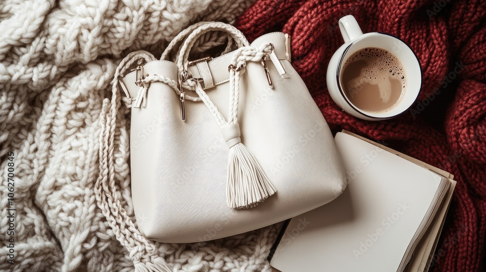 Cozy Scene with Stylish Handbag and Warm Drink Cozy Scene with Stylish Handbag and Warm Drink