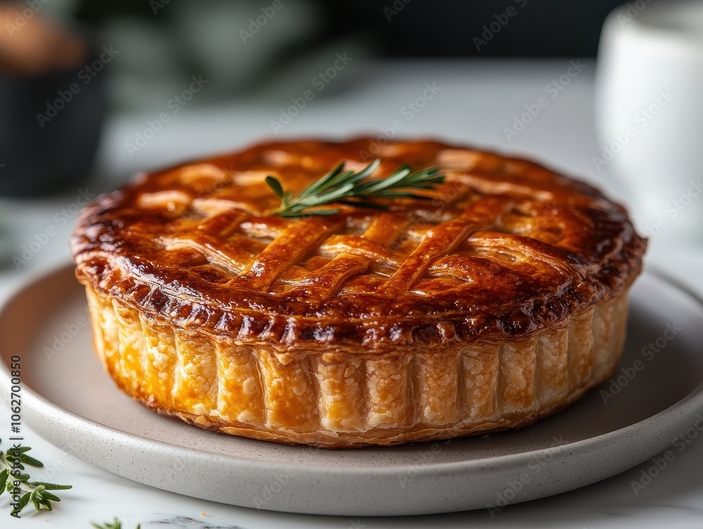 Aussie Delight, Flaky pastry meat pie served on a simple plate, showcasing traditional Australian cuisine in a minimalist setting Aussie Delight, Flaky pastry meat pie served on a simple plate, showcasing traditional Australian cuisine in a minimalist setting