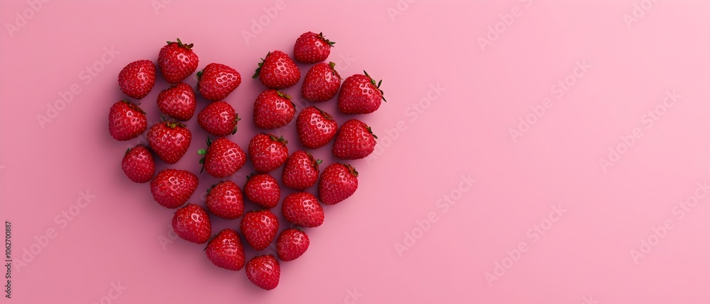 Ripe juicy red strawberries arranged in the shape of a heart on a soft pink background Healthy sweet fruit concept with copy space Ripe juicy red strawberries arranged in the shape of a heart on a soft pink background Healthy sweet fruit concept with copy space