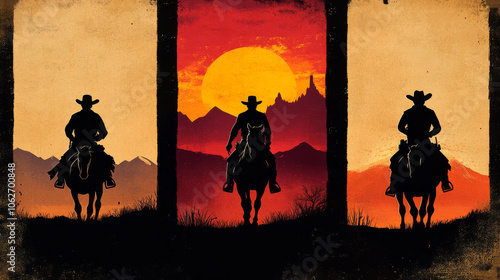 A classic Western movie poster featuring silhouettes of a cowboy, sheriff, and outlaw riding a horse through mountains at sunset or sunrise. The poster is designed in a vertical style.