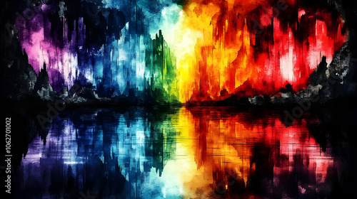 Abstract rainbow landscape with water reflection.
