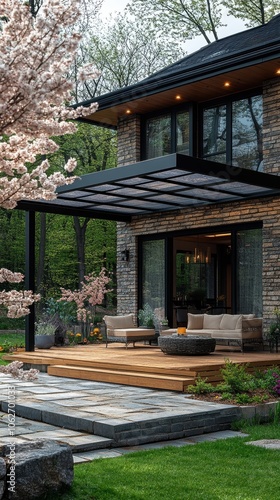 Serene backyard retreat featuring vibrant flowering trees  elegant pergola  and contemporary home design