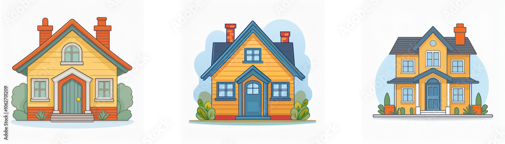Three cartoon houses in various styles on a white background. Three cartoon houses in various styles on a white background.